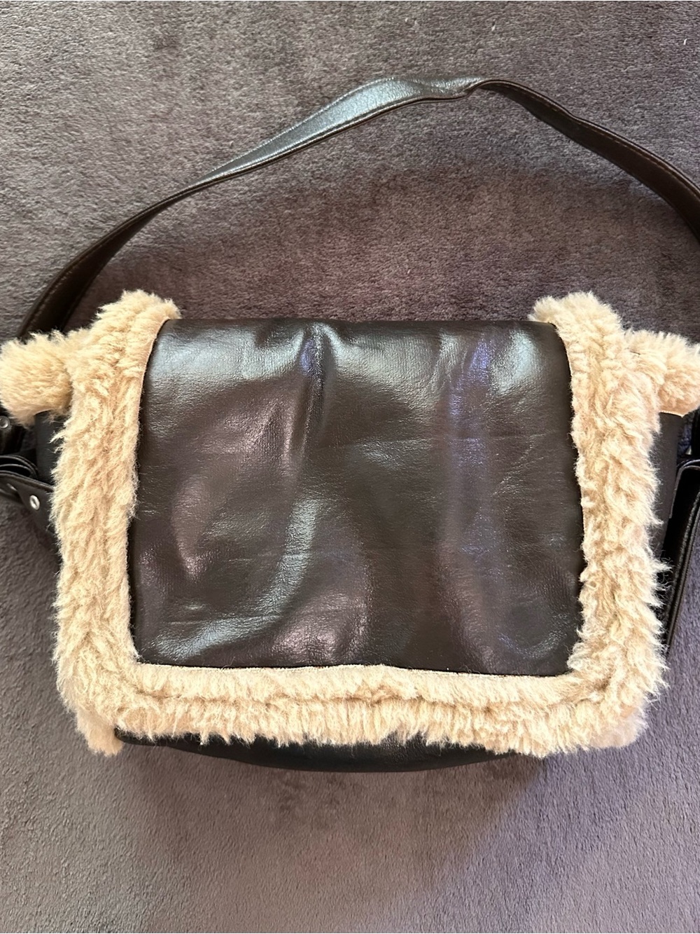 Zara Women’s Black Faux Leather Shoulder Bag with Cream Shearling‎ Trim